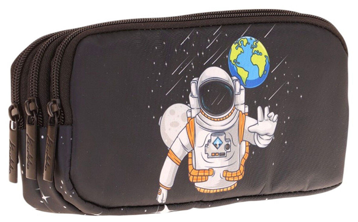 Kaukko Kids Siyah, Astronot, Erkek Çocuk Üç Bölmeli Okul Kalem Çantası - L8253