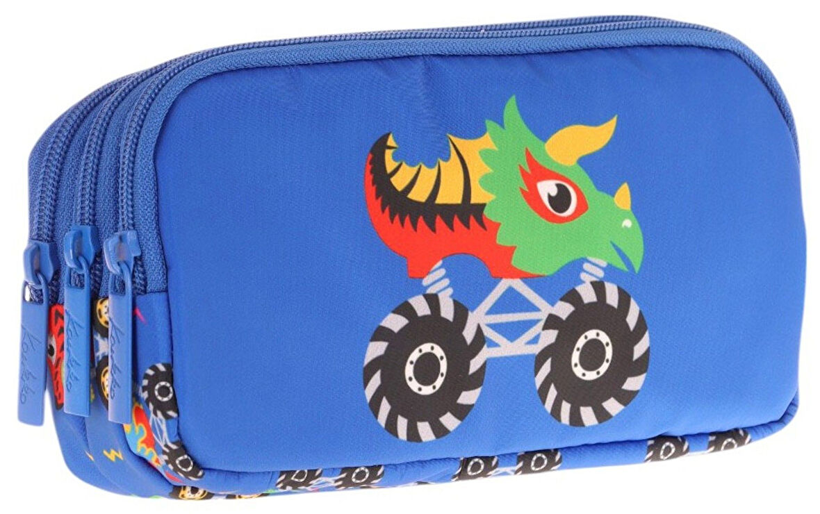 Kaukko Kids Mavi, Canavar Baskılı, Erkek Çocuk Üç Bölmeli Okul Kalem Çantası - L8255