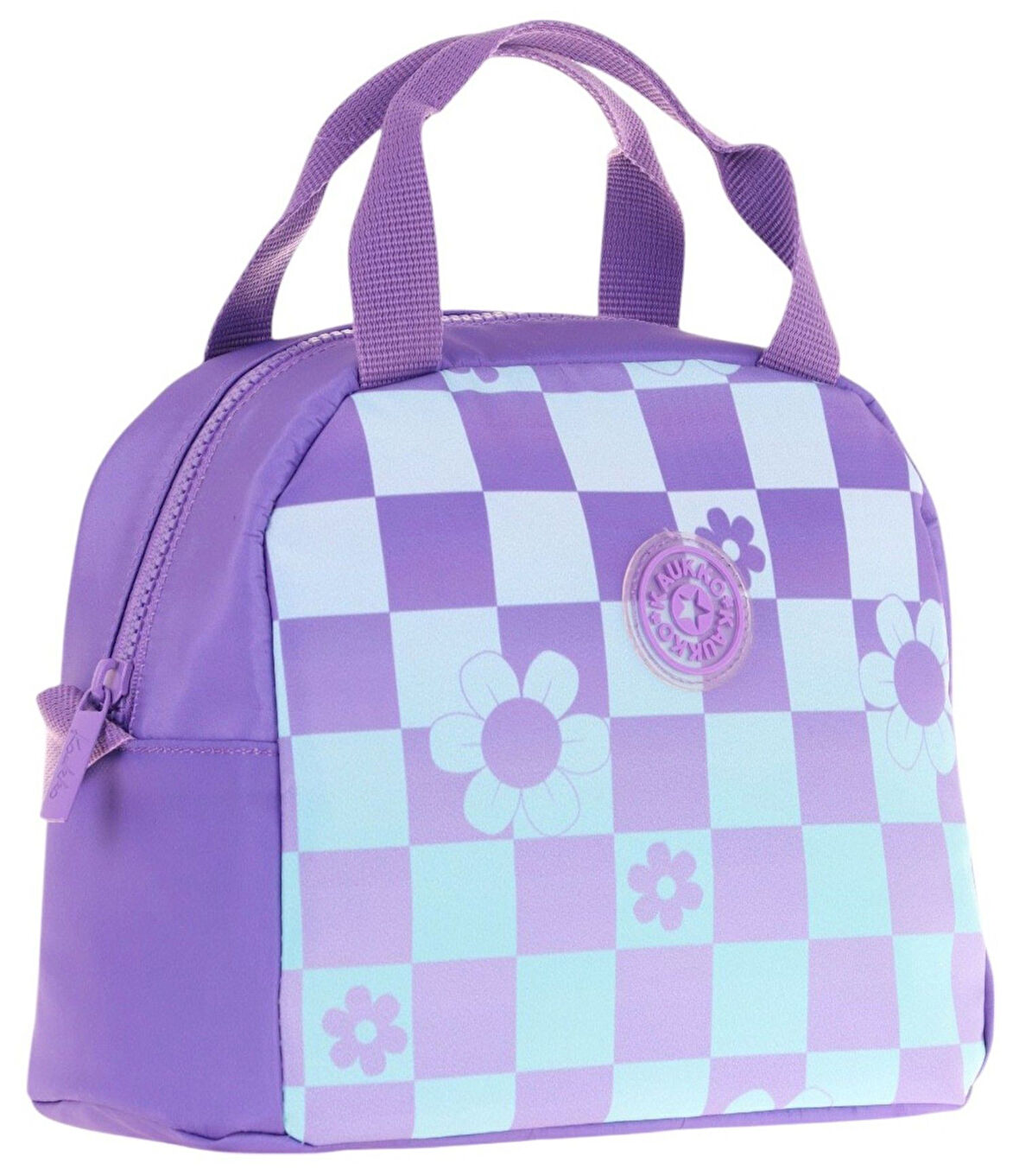 Kaukko Kız Çocuklarına Özel Mor Mavi Papatya ve Dama Baskılı Beslenme Çantası (Isı Yalıtımlı) (K9060)