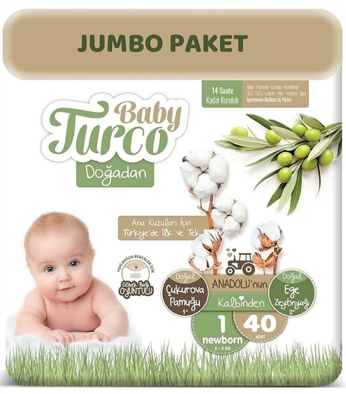 Bebek Bezi Doğadan Beden:1 (2-5Kg) Yeni Doğan 40'lı (Göbek Bağı Oyuntulu) Jumbo Pk