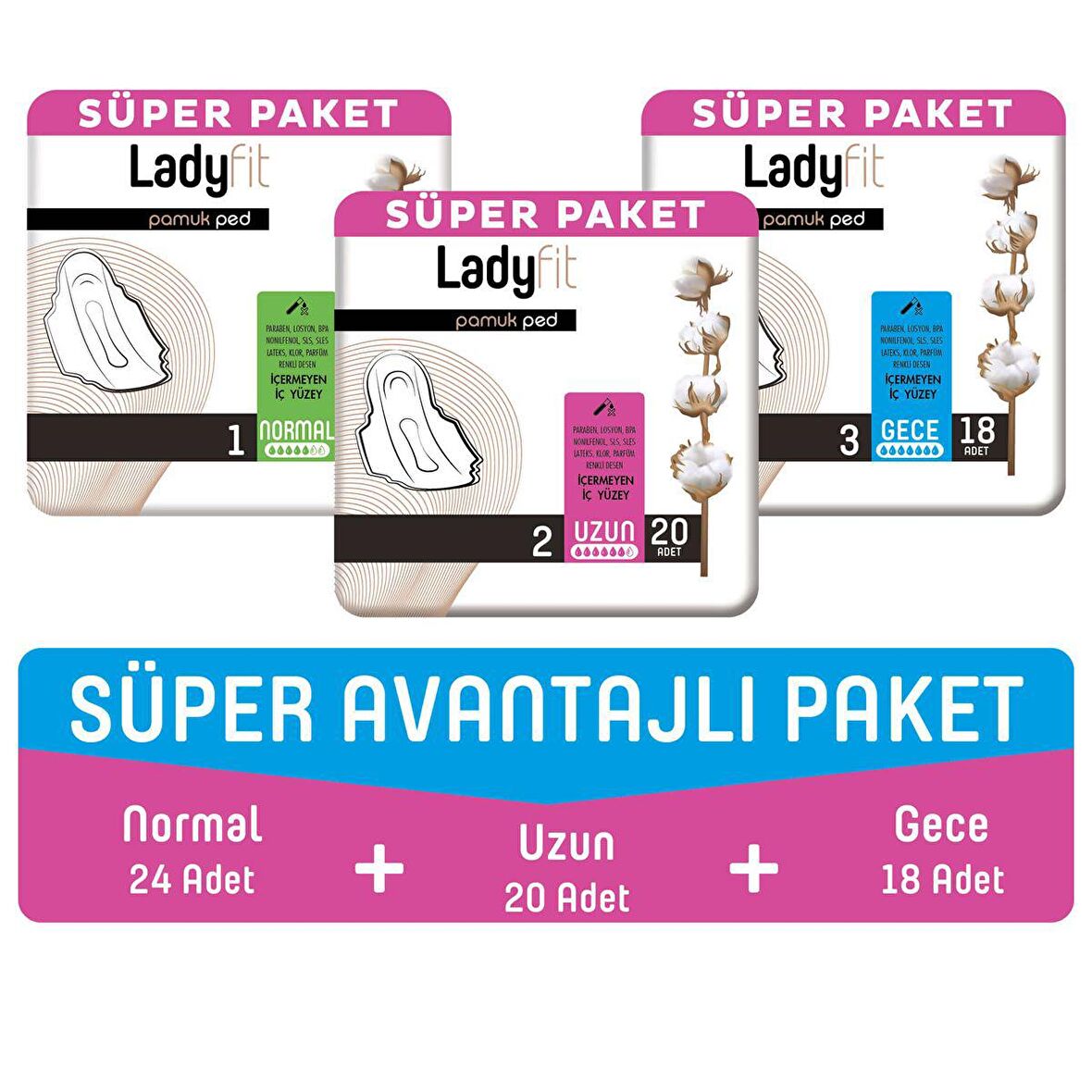 Ladyfit Pamuk Ped Süper Avantajlı Paket (Normal 24 Adet + Uzun 20 Adet + Gece 18 Adet)