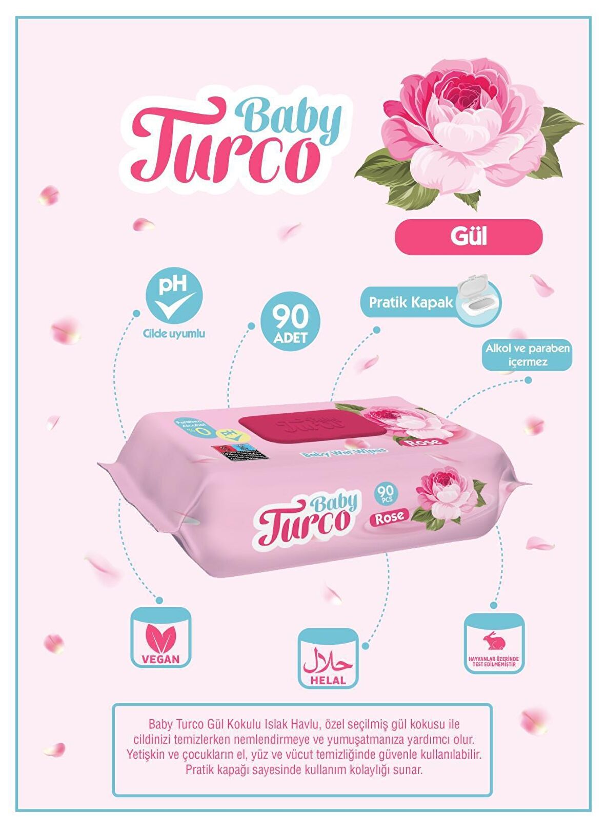Baby Turco Gül Kokulu Alkolsüz 90 Yaprak 1 Paket Islak Mendil