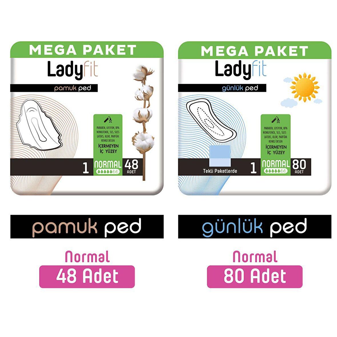 Lady Fit Normal Hijyenik Ped 48 Adet + Günlük Ped Mega Normal 80 Adet