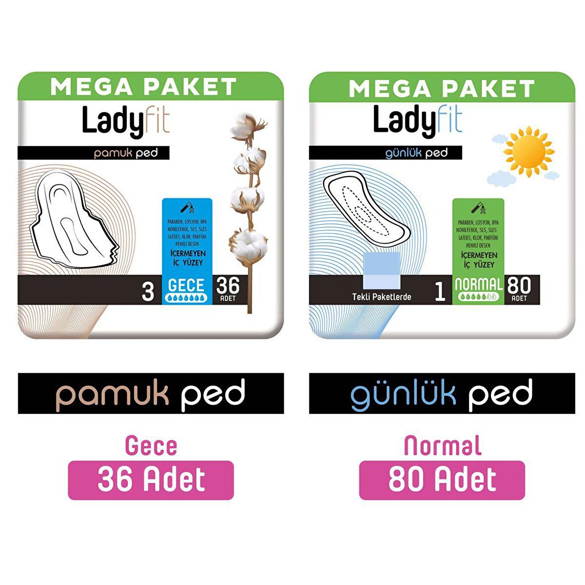 Lady Fit Normal Hijyenik Ped 36 Adet + Günlük Ped Mega Normal 80 Adet