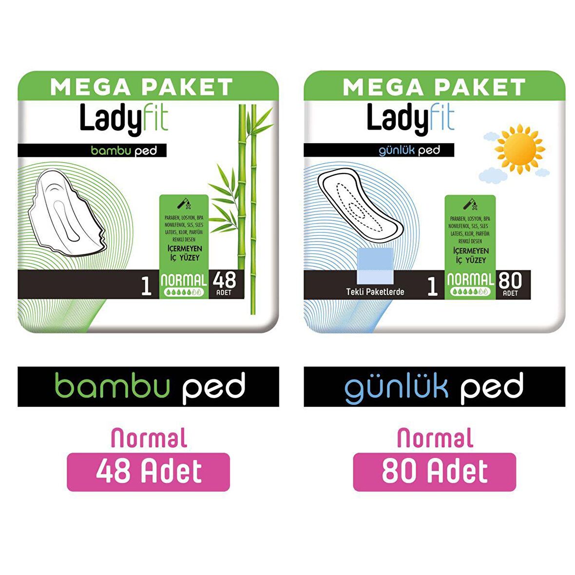 Lady Fit Normal Hijyenik Ped 48 Adet + Günlük Ped Mega Normal 80 Adet