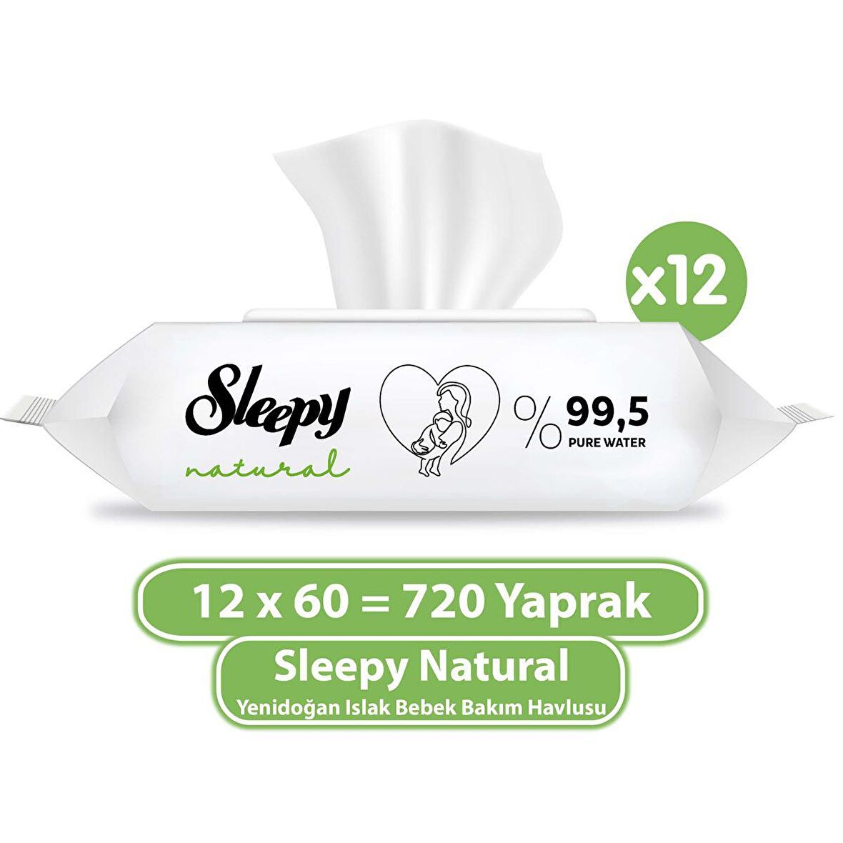 Sleepy Natural Yenidoğan -Alkolsüz 12 x 60 Yaprak 12 Paket Islak Mendil