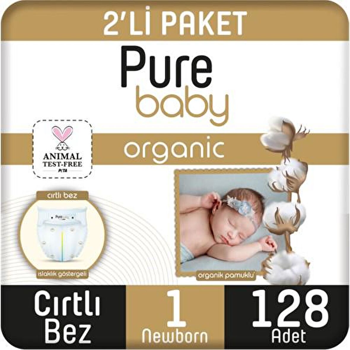 Pure Baby Organic 1 Numara Yenidoğan 128'li Cırtlı Bez