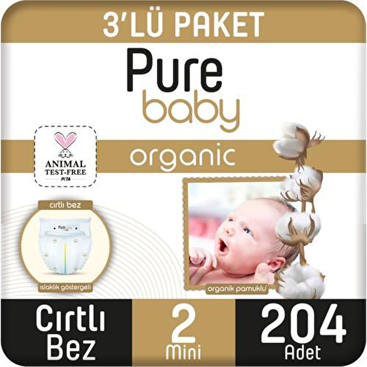 Pure Baby Organic 2 Numara Mini 204'lü Cırtlı Bez