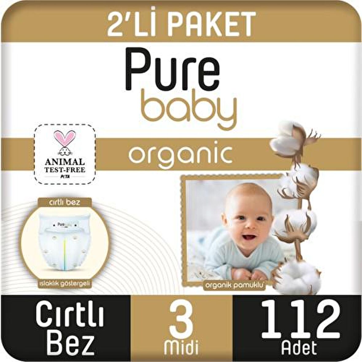 Pure Baby Organic 3 Numara Midi 112'li Cırtlı Bez