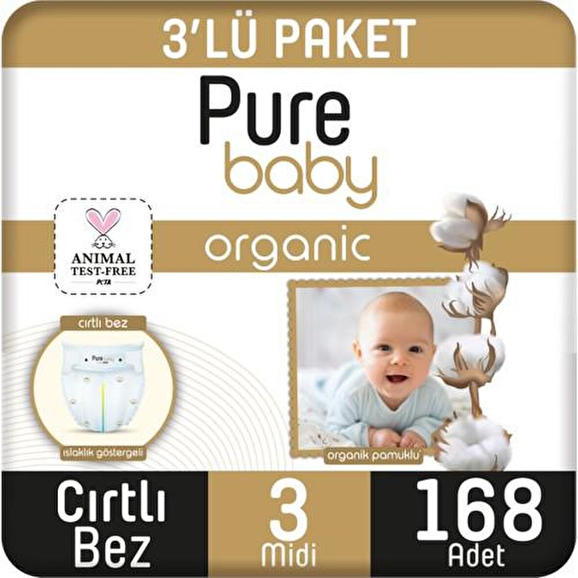 Pure Baby Organic 3 Numara Midi 168'li Cırtlı Bez