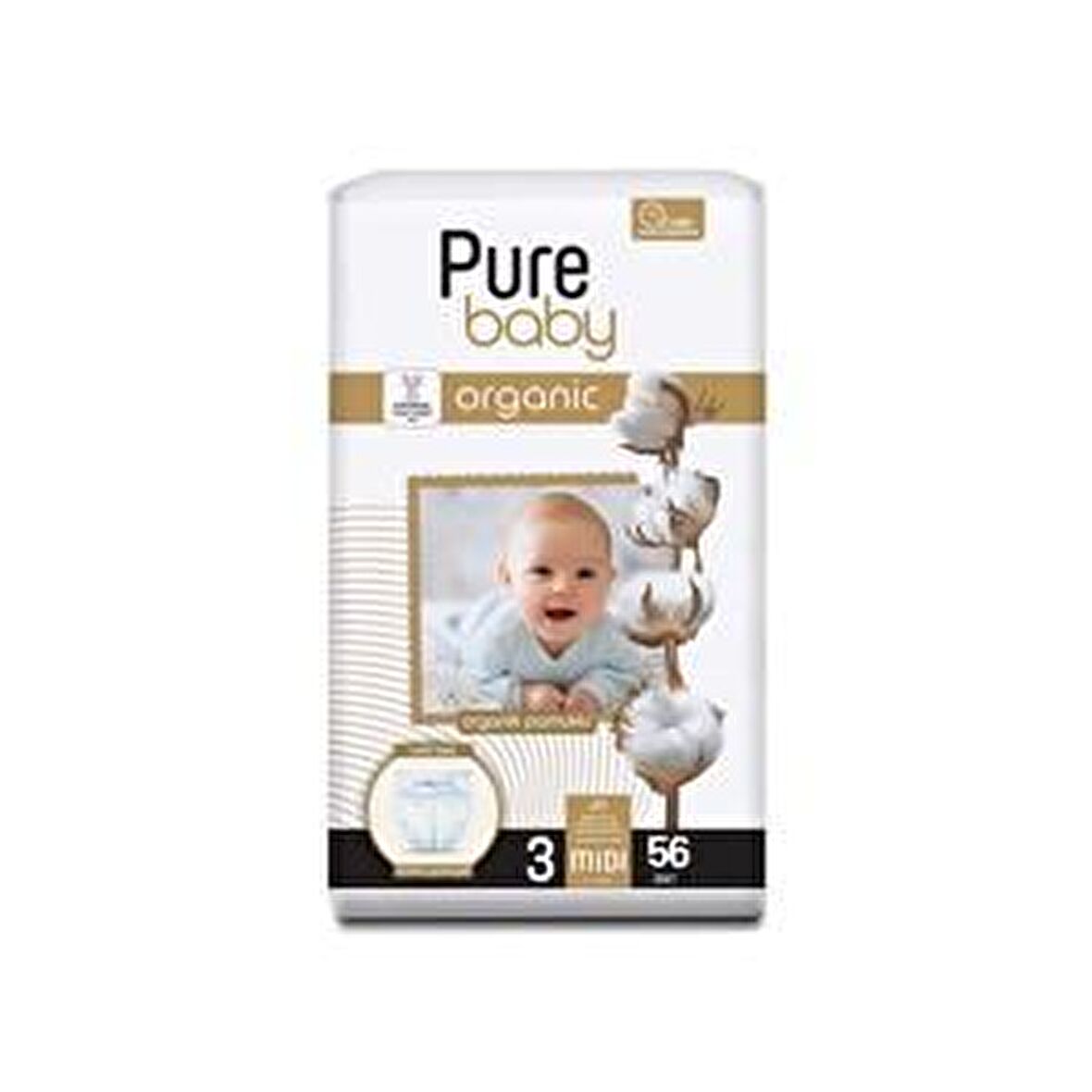 Pure Baby Organic 3 Numara Midi 56'lı Cırtlı Bez