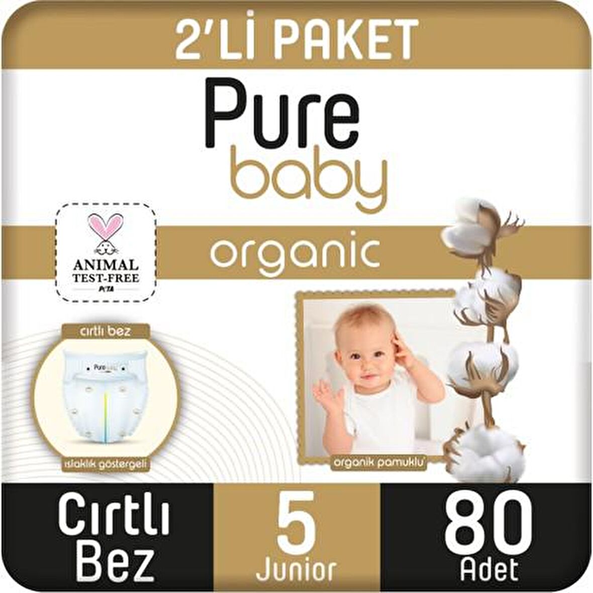 Pure Baby Organic 5 Numara Junior 80'li Cırtlı Bez