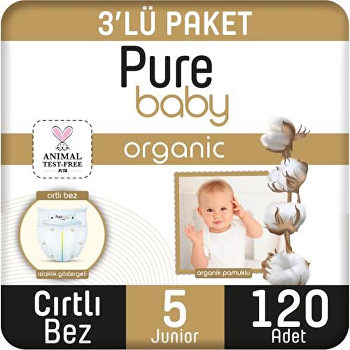 Pure Baby Organic 5 Numara Junior 120'li Cırtlı Bez