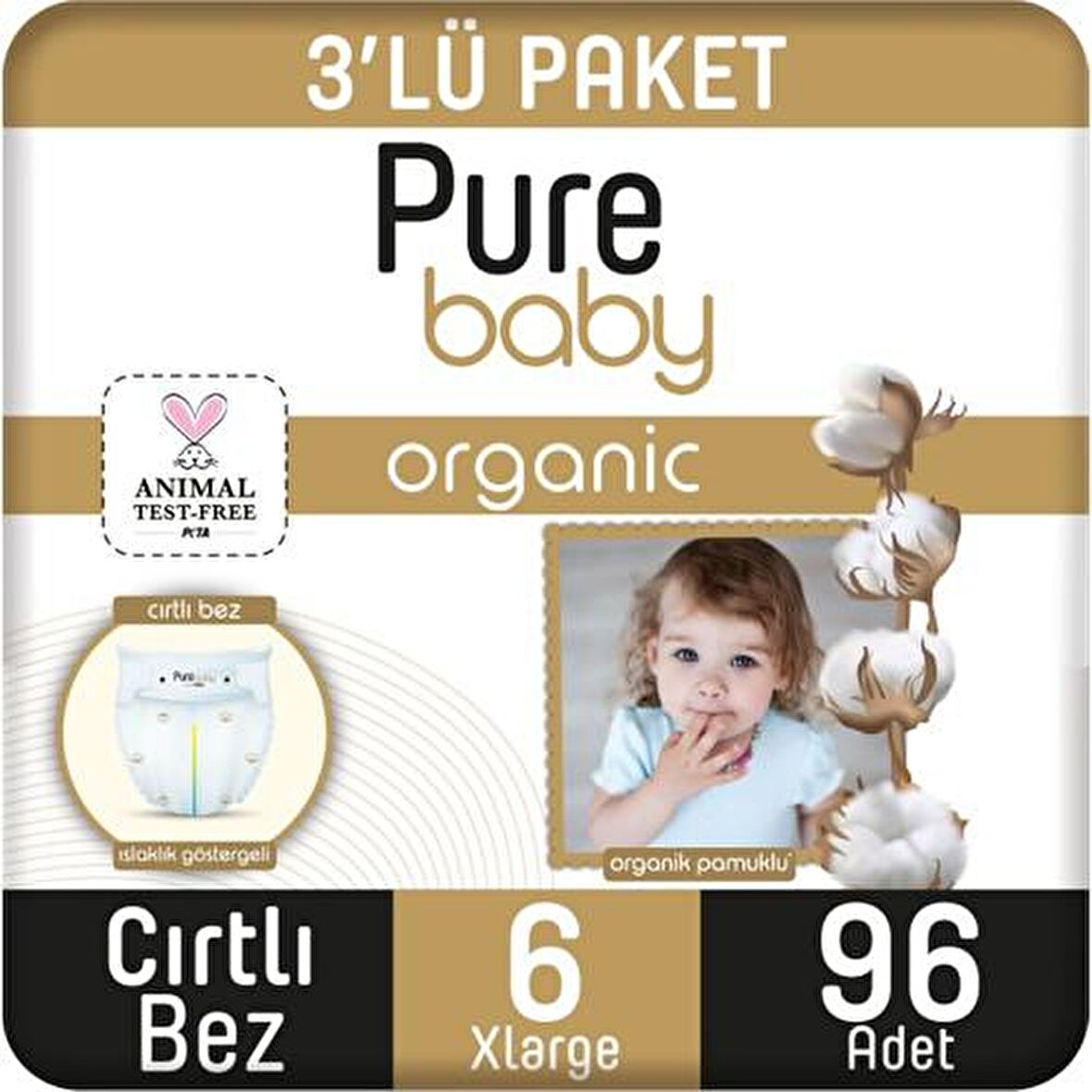 Pure Baby Organic 6 Numara X Large 96'lı Cırtlı Bez