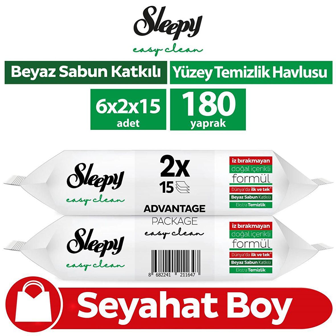 Sleepy Easy Clean Yüzey Temizlik Havlusu Seyahat Boy 6x2x15 (180 Yaprak)