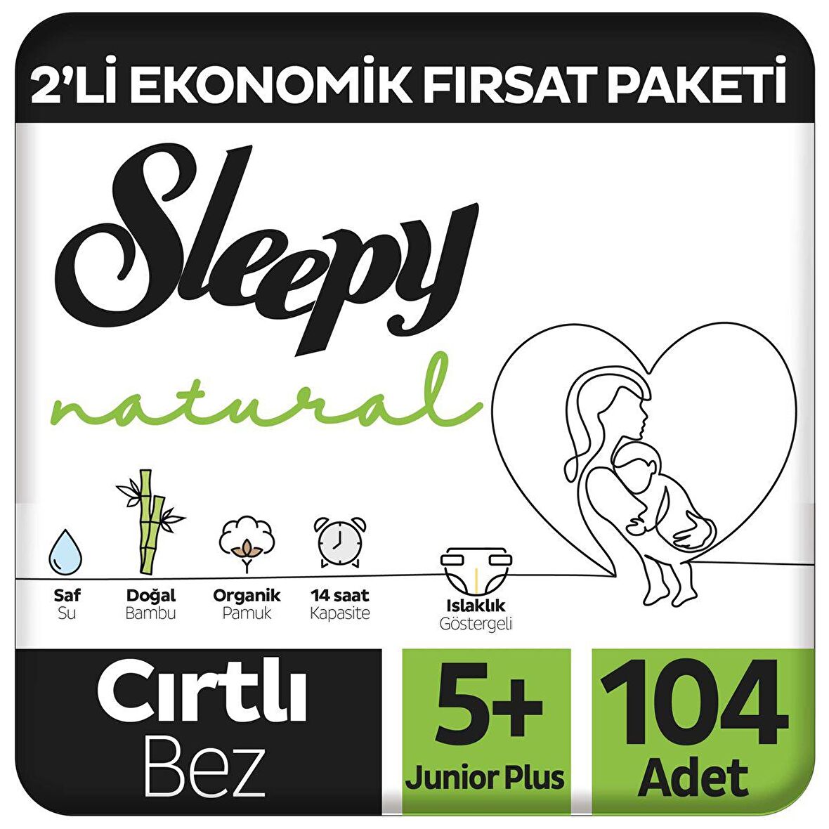 Sleepy Natural 2'li Ekonomik Fırsat Paketi Bebek Bezi 5+ Numara Junior Plus 104 Adet