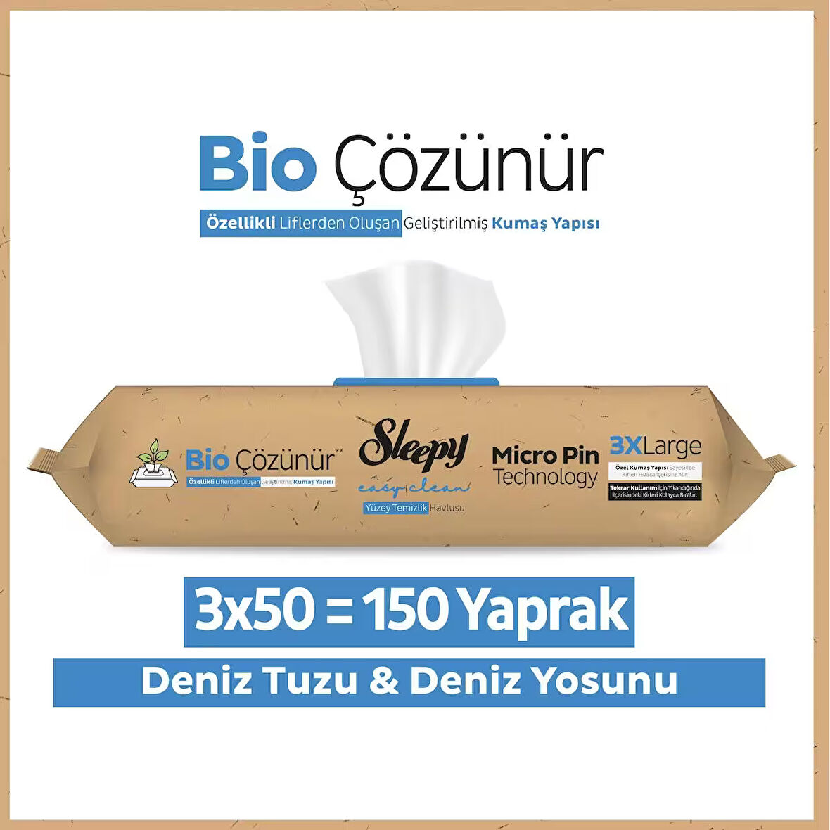 Sleepy Bio Çözünür Yüzey Temizlik Havlusu&Mendili Deniz Tuzu&Yosun 3x50 (150 Yaprak)