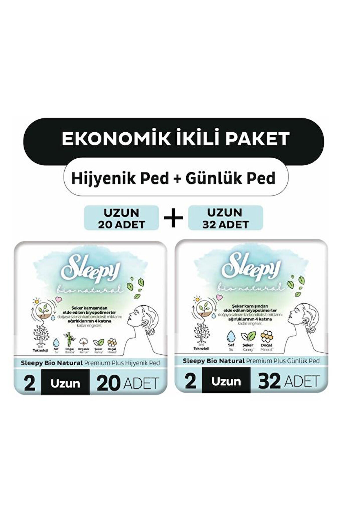 Sleepy Bio Natural Premium Plus Hijyenik Ped Uzun 20'li + Günlük Ped Uzun 32'li