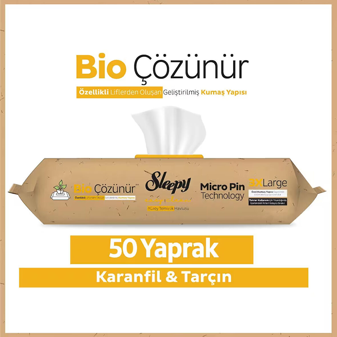 Sleepy Bio Çözünür Yüzey Temizlik Havlusu&Mendili Karanfil&Tarçın 50 Yaprak