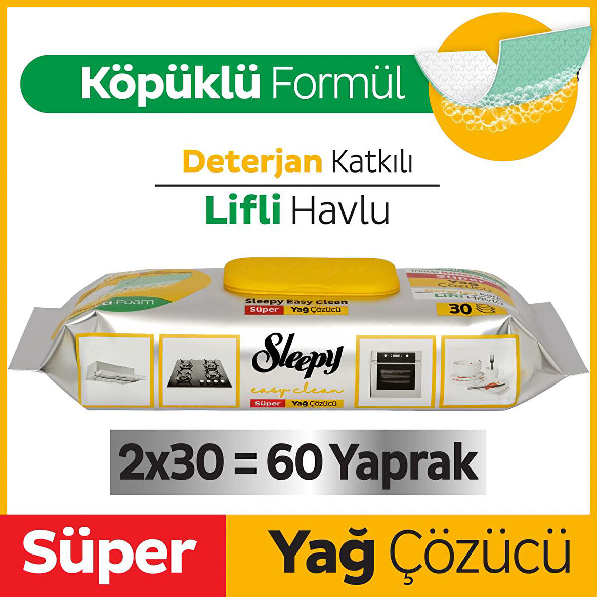 Sleepy Easy Clean Süper Yağ Çözücü Havlu 2x30 (60 Yaprak)