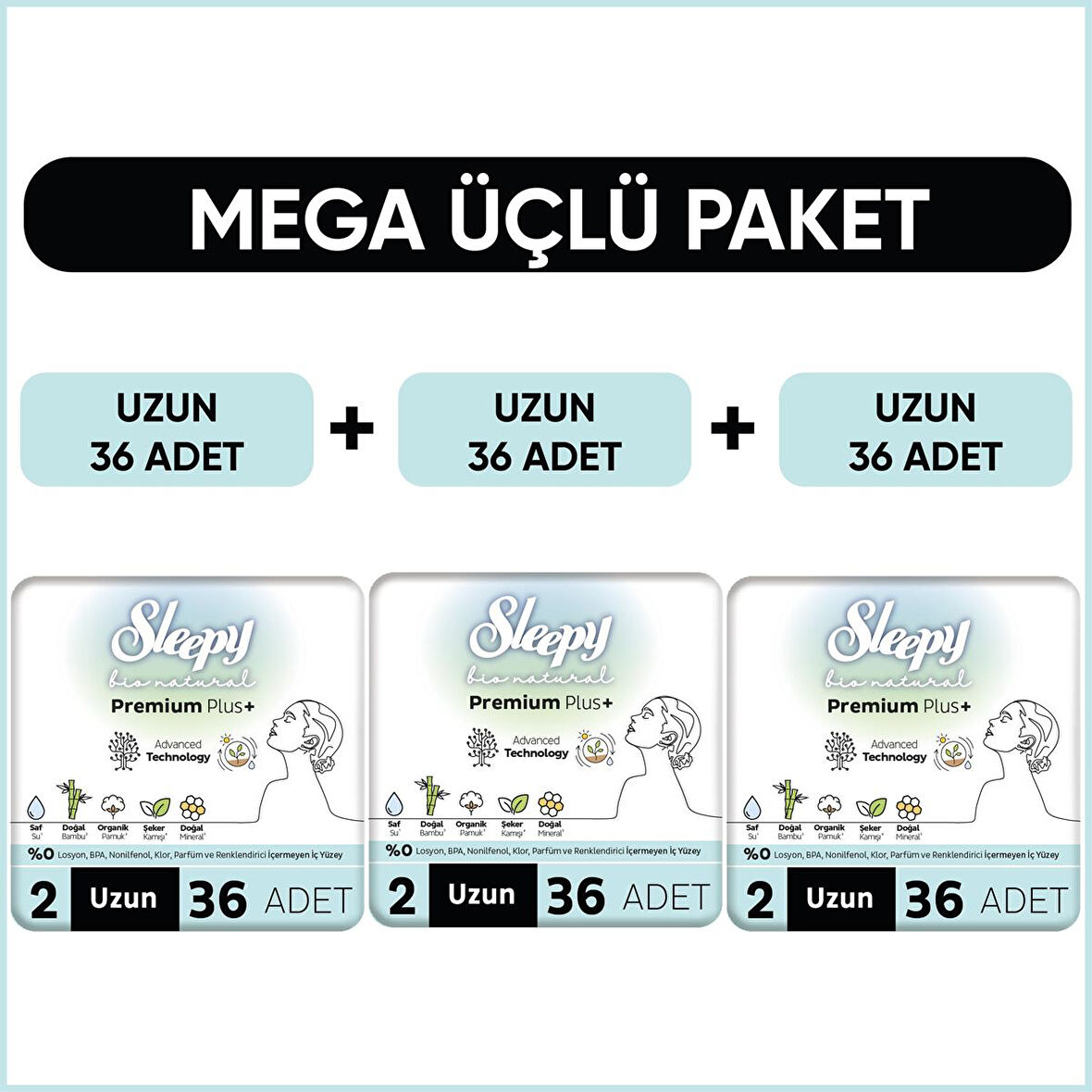 Sleepy Bio Natural Premium Plus Hijyenik Ped Mega Paket Uzun 36x3 (108 Adet) 
