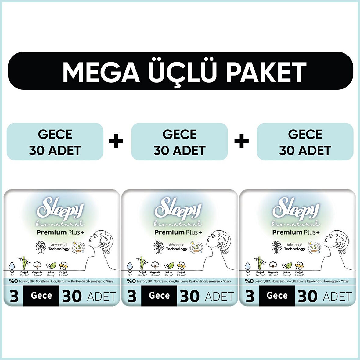 Sleepy Bio Natural Premium Plus Hijyenik Ped Mega Paket Gece 30x3 (90 Adet) 