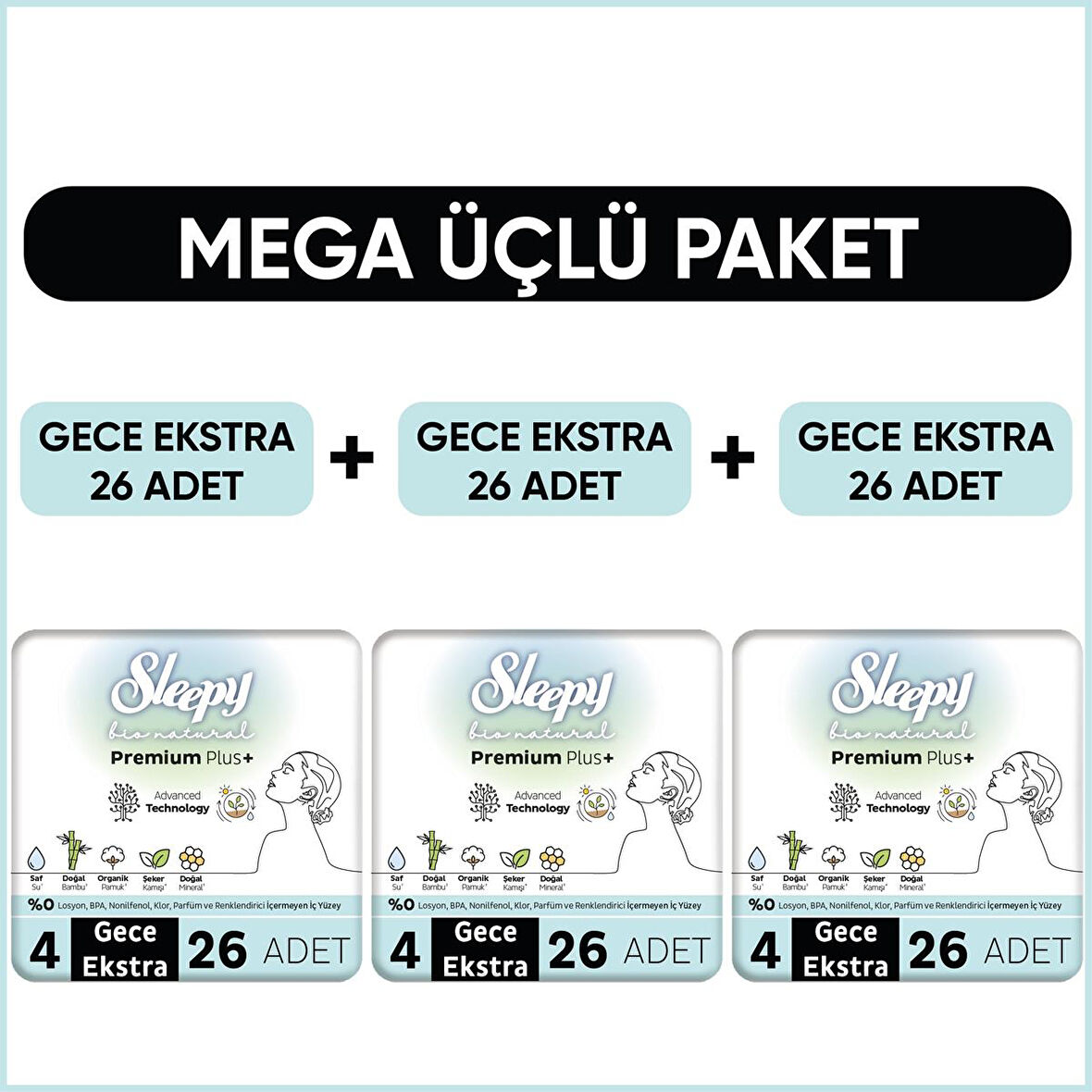 Sleepy Bio Natural Premium Plus Hijyenik Ped Mega Paket Gece Extra 26x3 (78 Adet) 