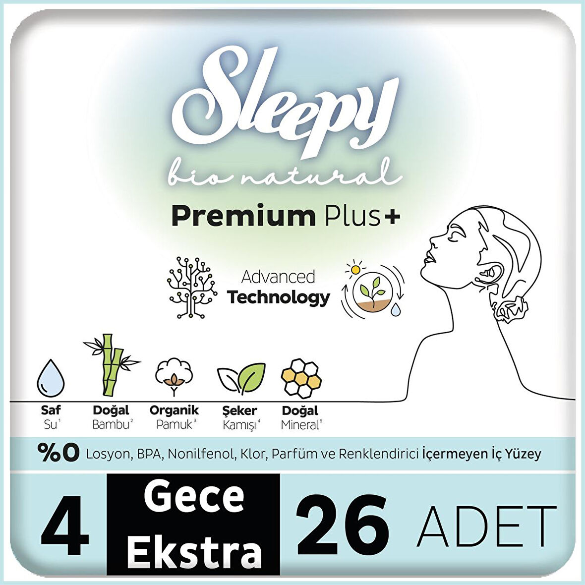 Sleepy Bio Natural Premium Plus Hijyenik Ped Mega Paket Gece Extra 26 Adet