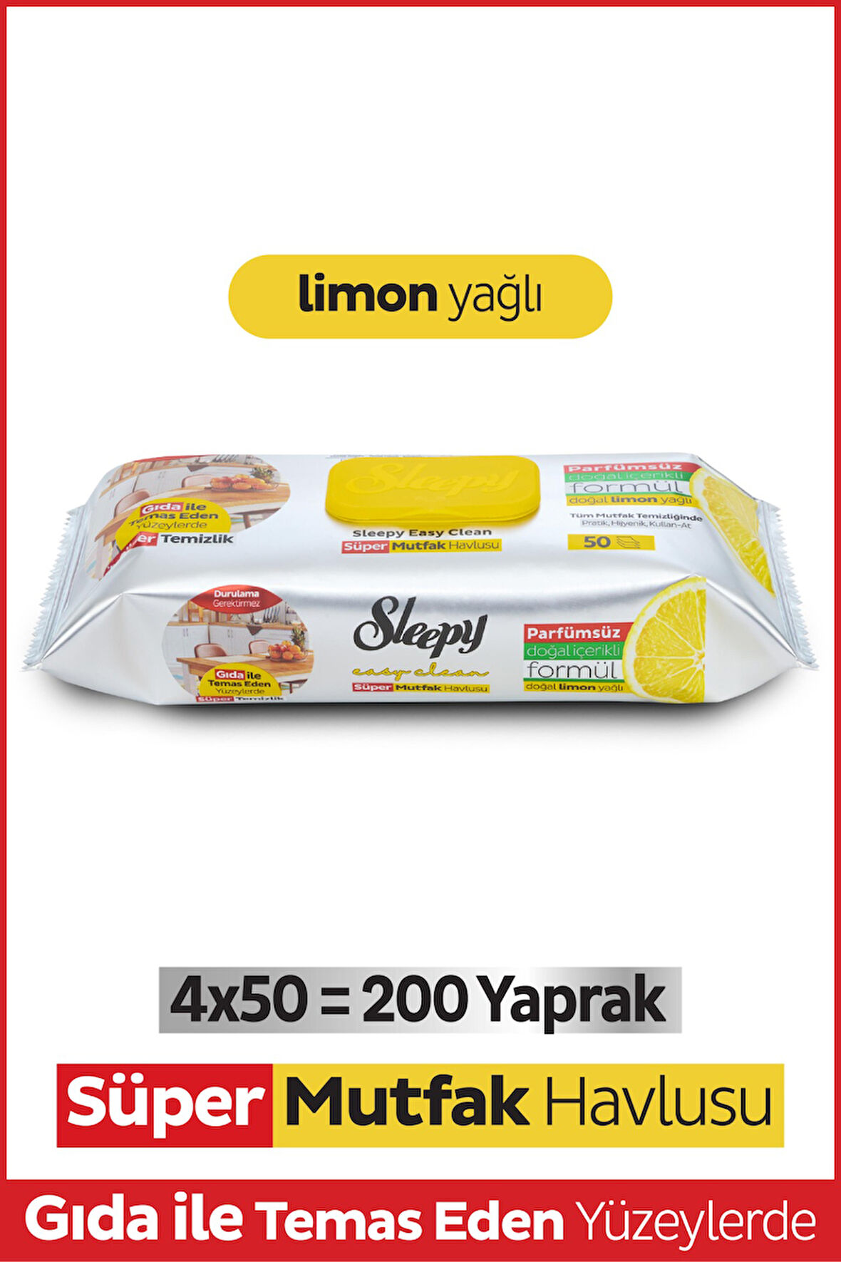 Easy Clean Süper Yüzey Temizlik Mutfak Havlusu&Mendili Limon Yağlı 4X50 (200 Yaprak)