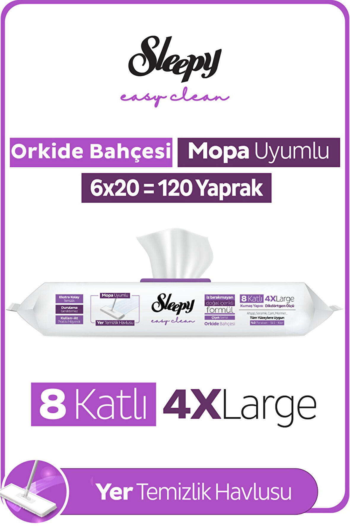 Sleepy Easy Clean Orkide Bahçesi Mopa Uyumlu Yer Temizlik Havlusu&Mendili 6x20 (120 Yaprak)