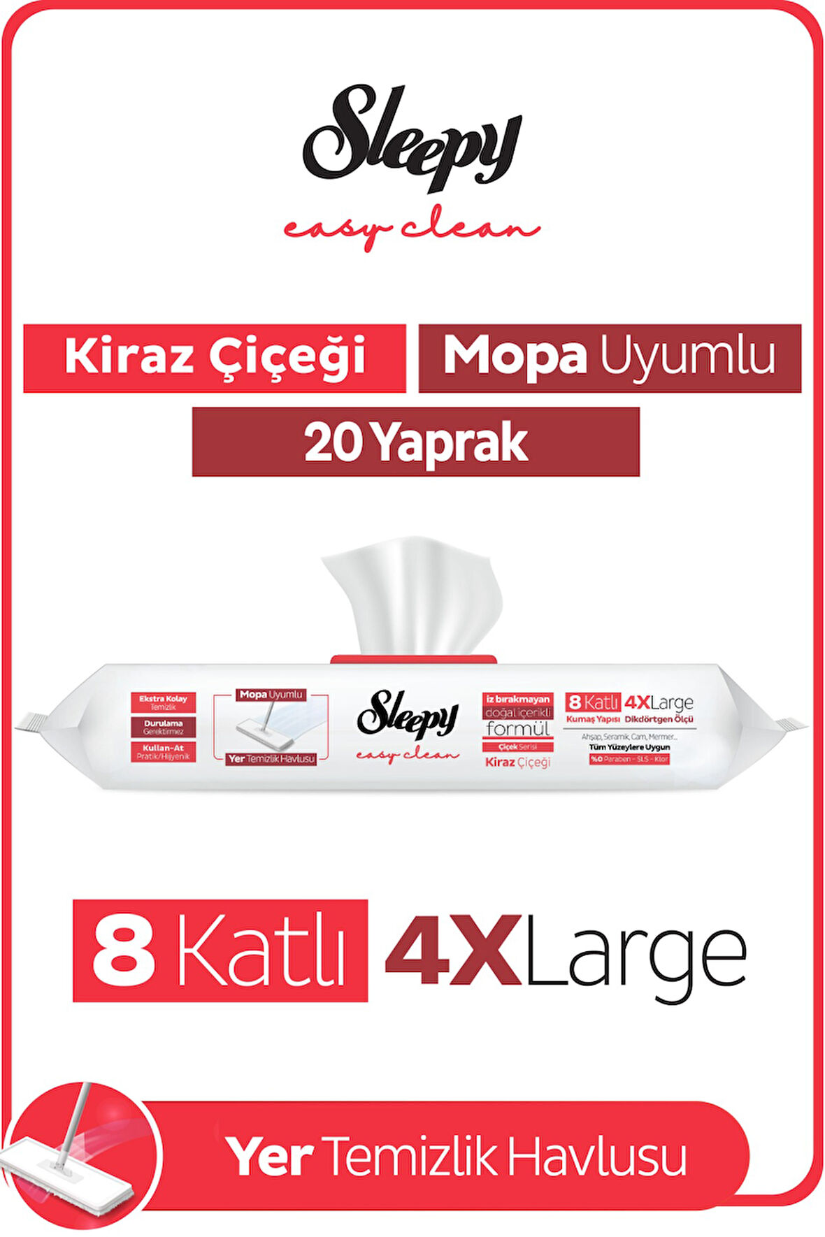 Sleepy Easy Clean Kiraz Çiçeği Mopa Uyumlu Yer Temizlik Havlusu&Mendili 20 Yaprak