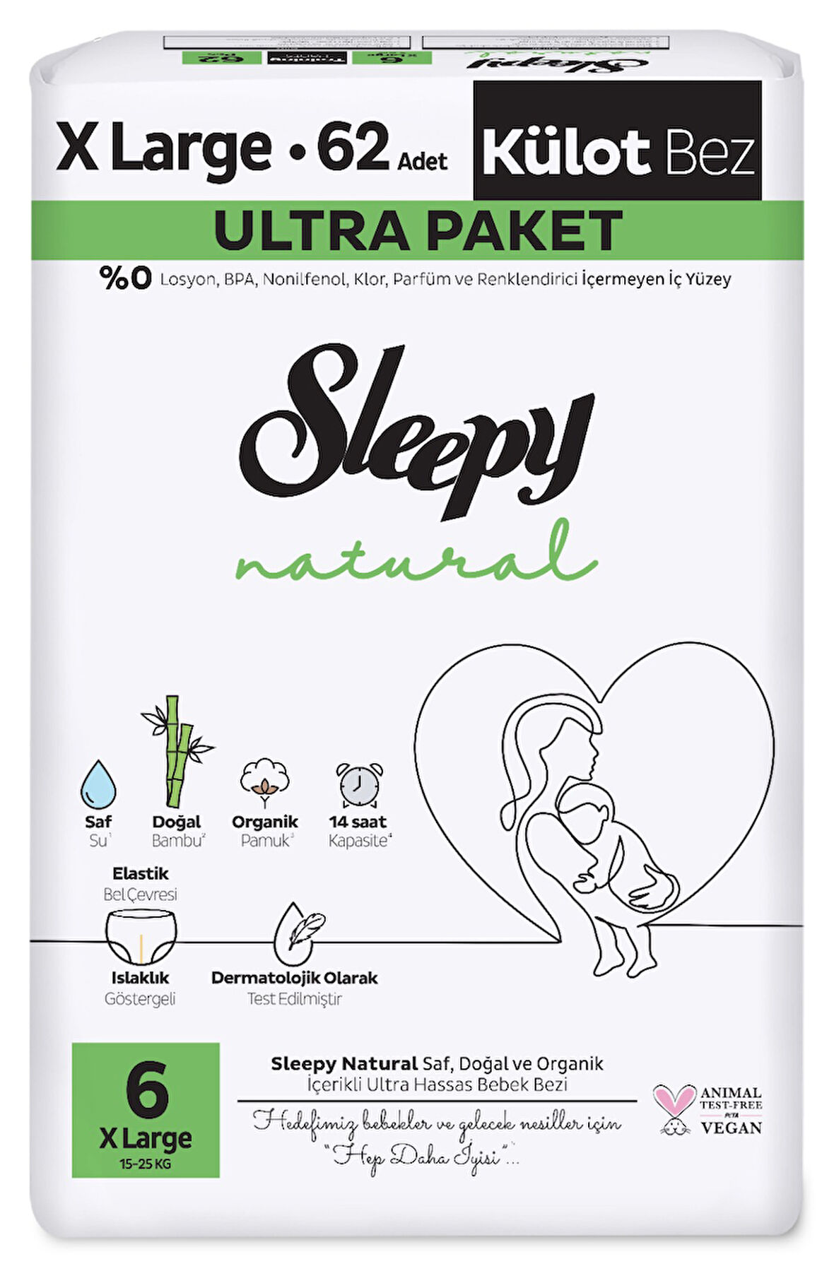 Sleepy Külot Bebek Bezi Natural Beden:6 (15-25KG) Extra Large 62 Adet Ultra Pk