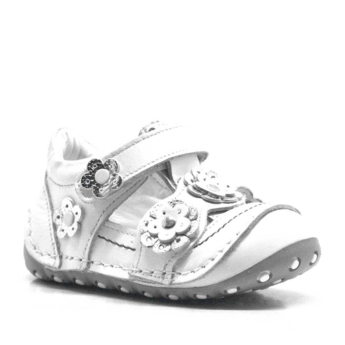 Hakiki Deri Gümüş Beyaz Cırtlı Yazlık İlk Adım Ayakkabı