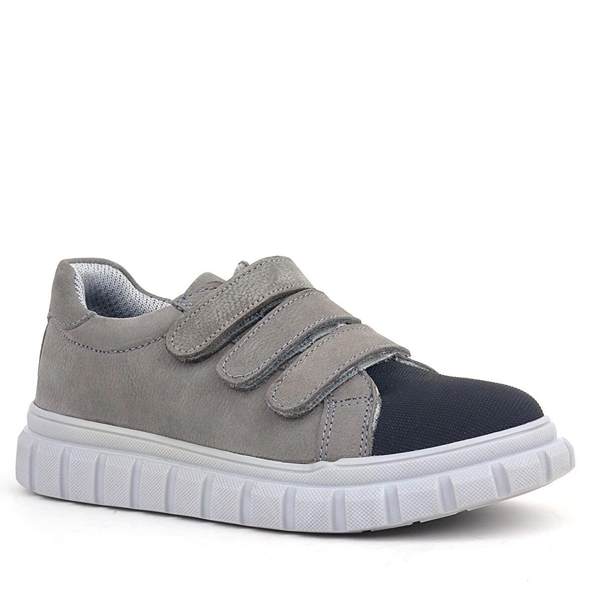 Rakerplus Hakiki Deri Siyah Gri Cırtlı Çocuk Günlük Spor Okul Ayakkabı