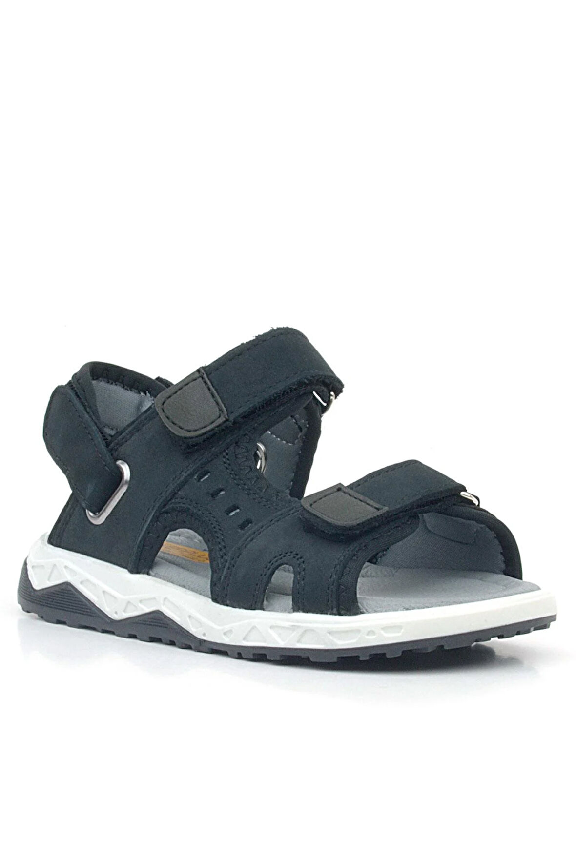 Rakerplus Hakiki Deri Siyah Nubuk Rahat Tabanlı Cırtlı Çocuk Sandalet Ayakkabı