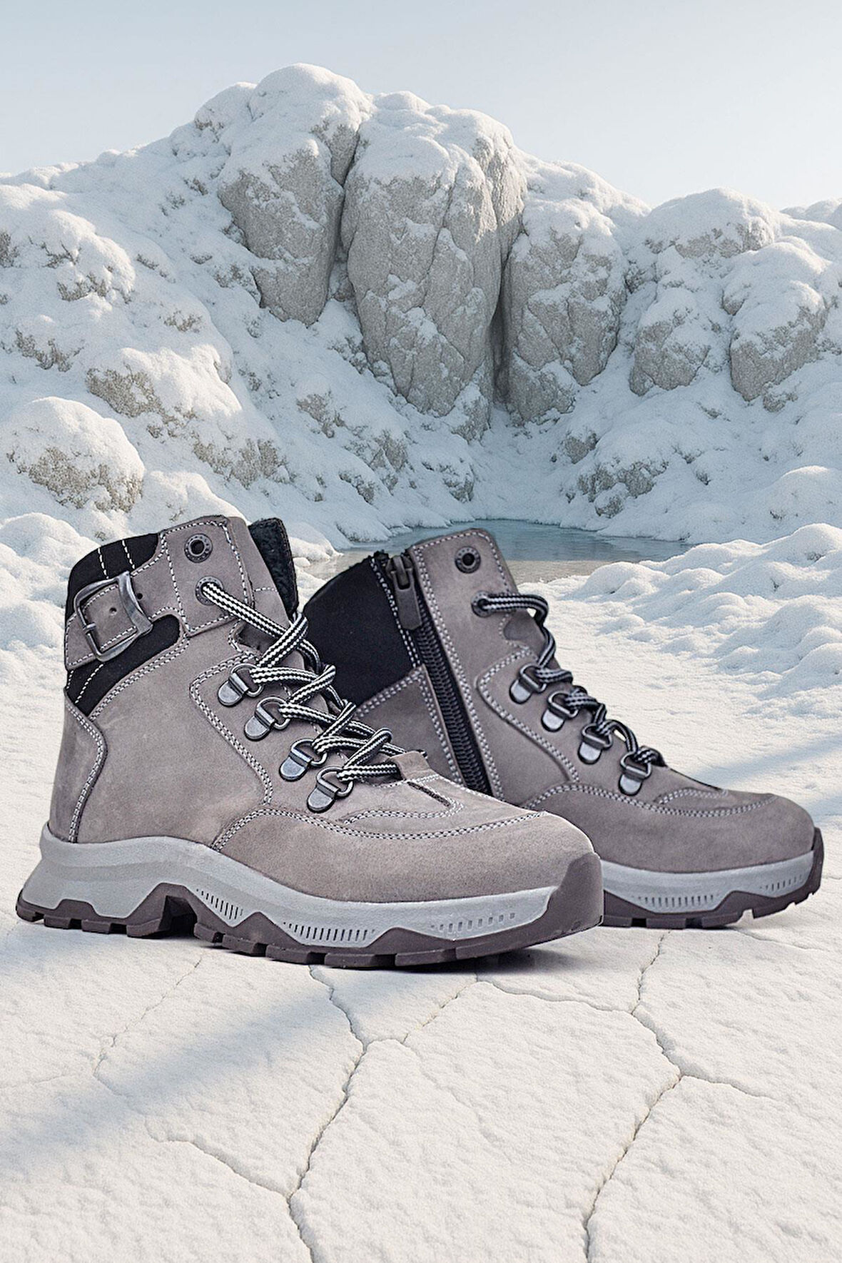 Rakerplus Hakiki Deri Gri Bağcıklı Fermuarlı Trekking Çocuk Bot