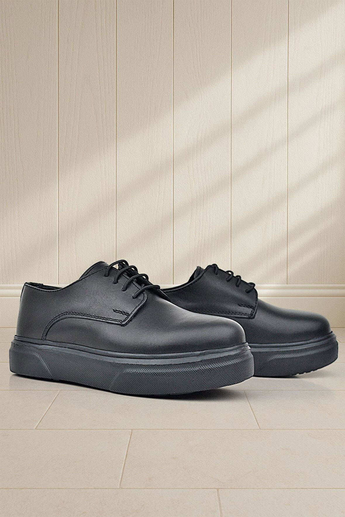 Rakerplus Derby Hakiki Deri Siyah Mat Yüksek Tabanlı Çocuk Klasik Ayakkabı