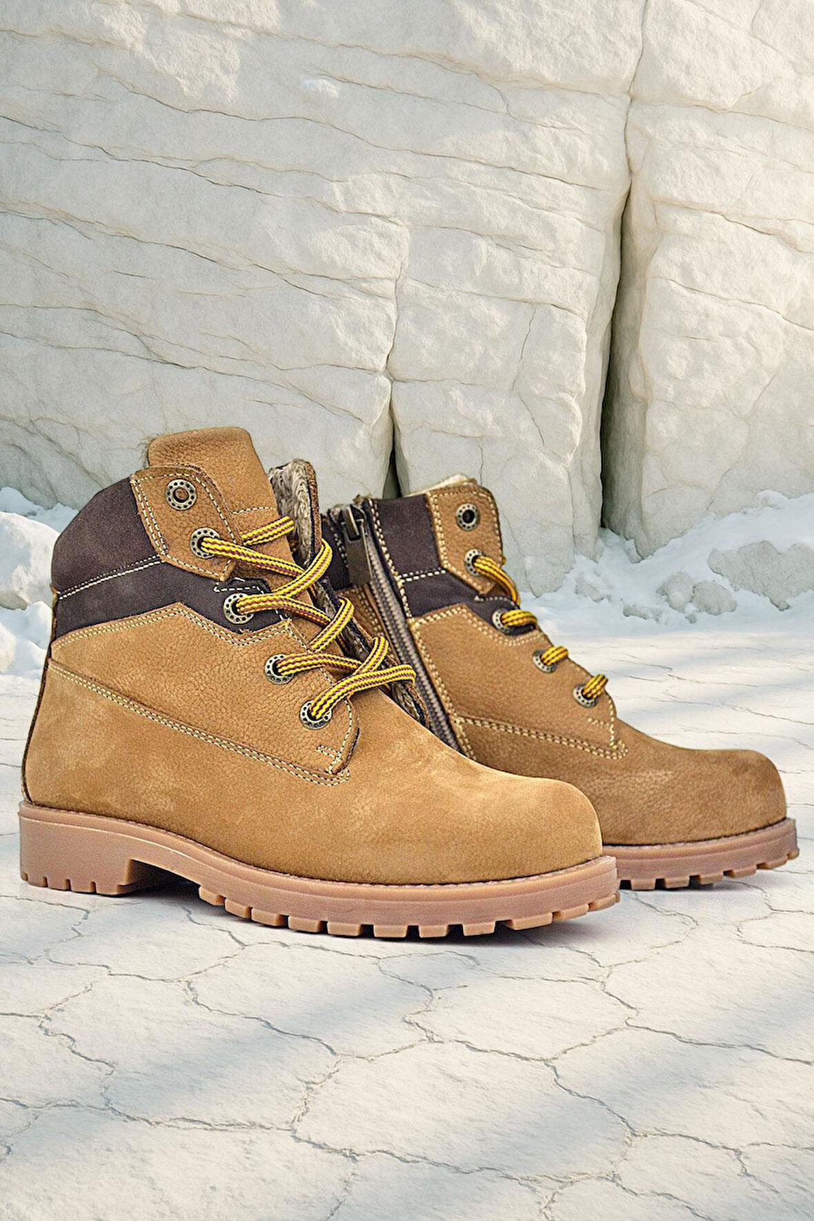 Rakerplus Hakiki Deri Taba Kahverengi Bağcıklı Fermuarlı Kışlık Çocuk Bot