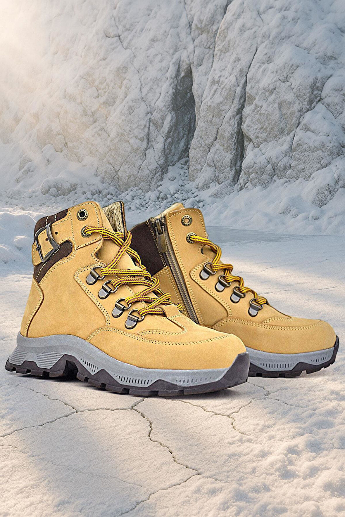 Rakerplus Hakiki Deri Taba Bağcıklı Fermuarlı Trekking Çocuk Bot