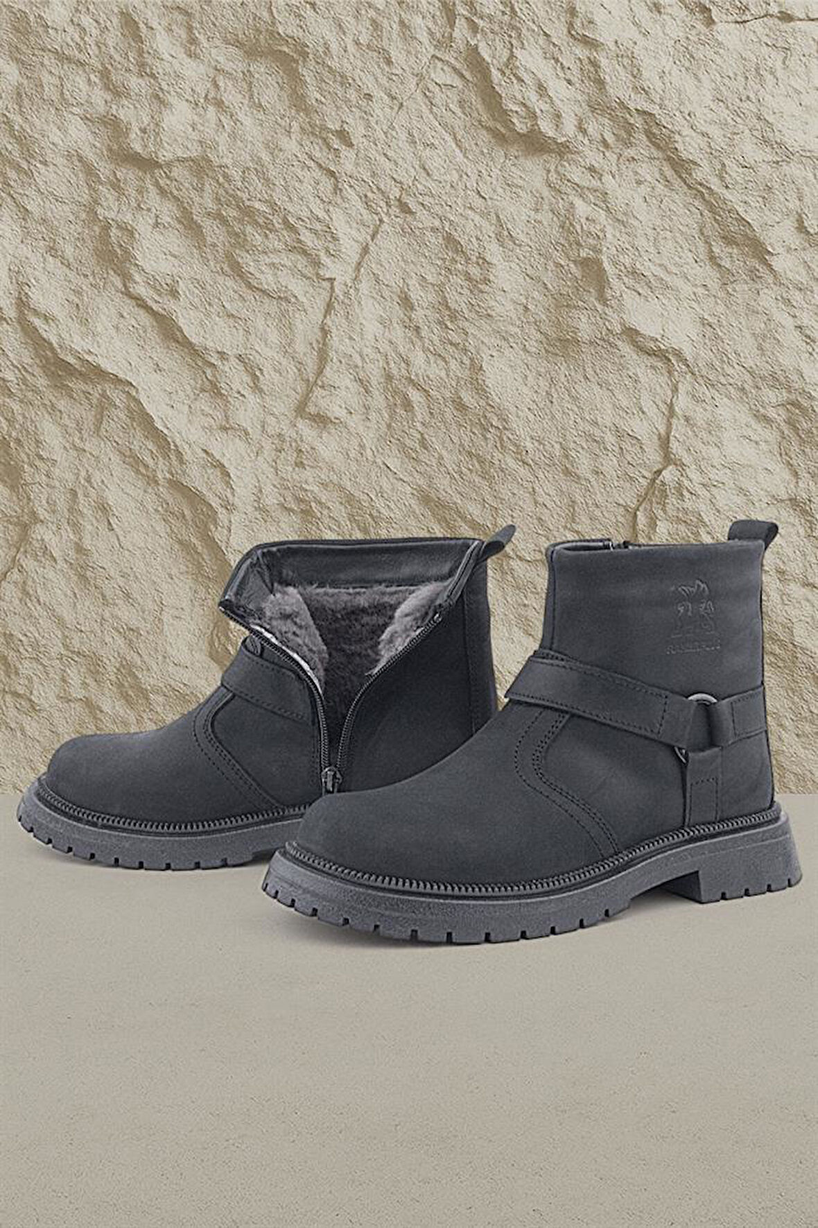 Gerçek Kürklü Hakiki Deri Siyah Nubuk Fermuarlı Çocuk Bot