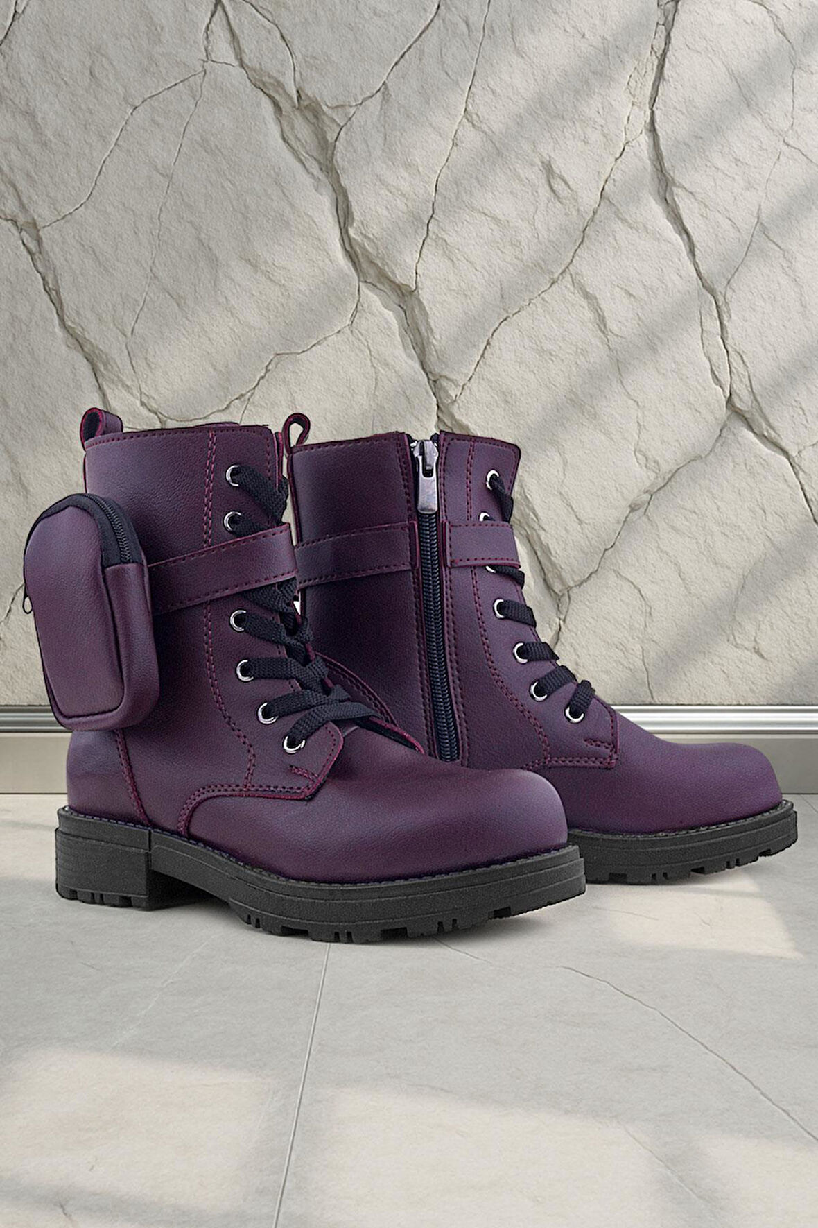 Rakerplus Bordo Fermuarlı Bağcıklı Cüzdanlı Kız Çocuk Bot