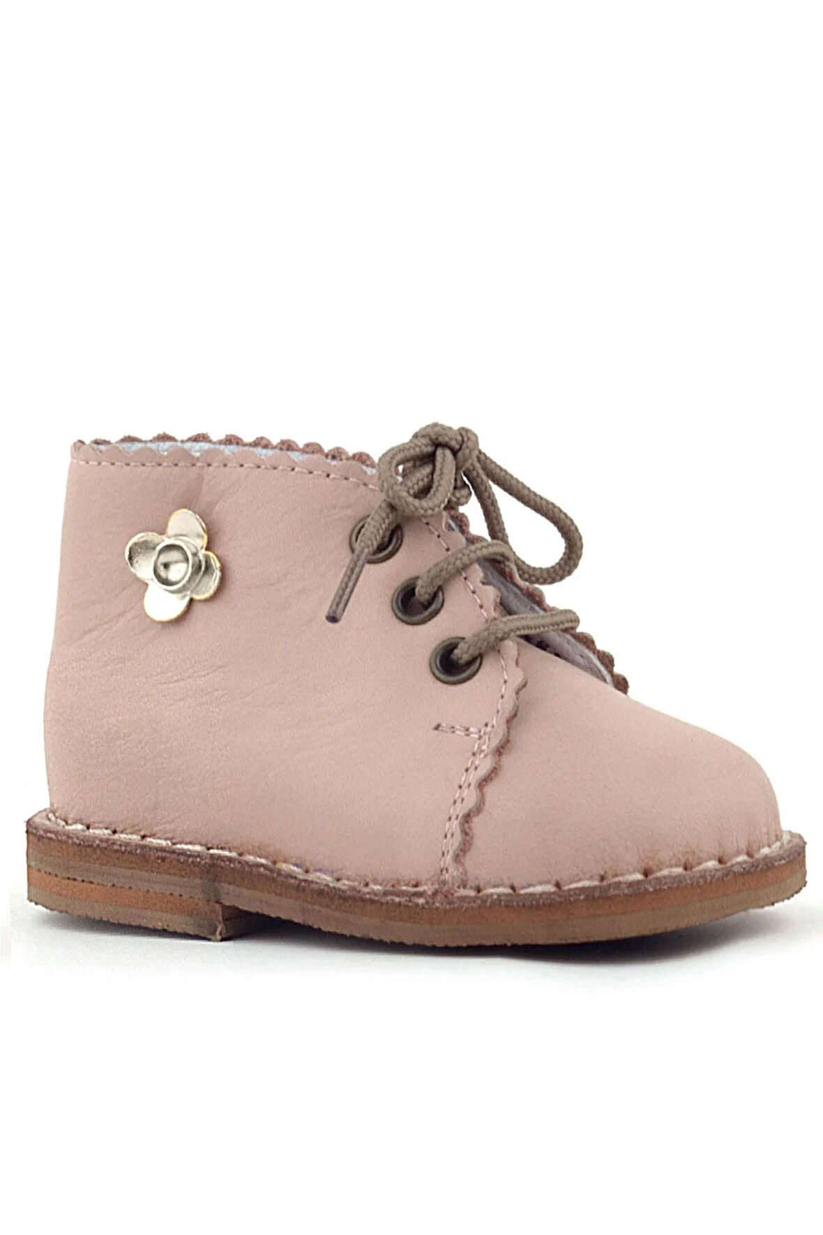 Rakerplus Handmade Hakiki Deri Pembe Çiçek Detaylı Bağcıklı Bebek Bot