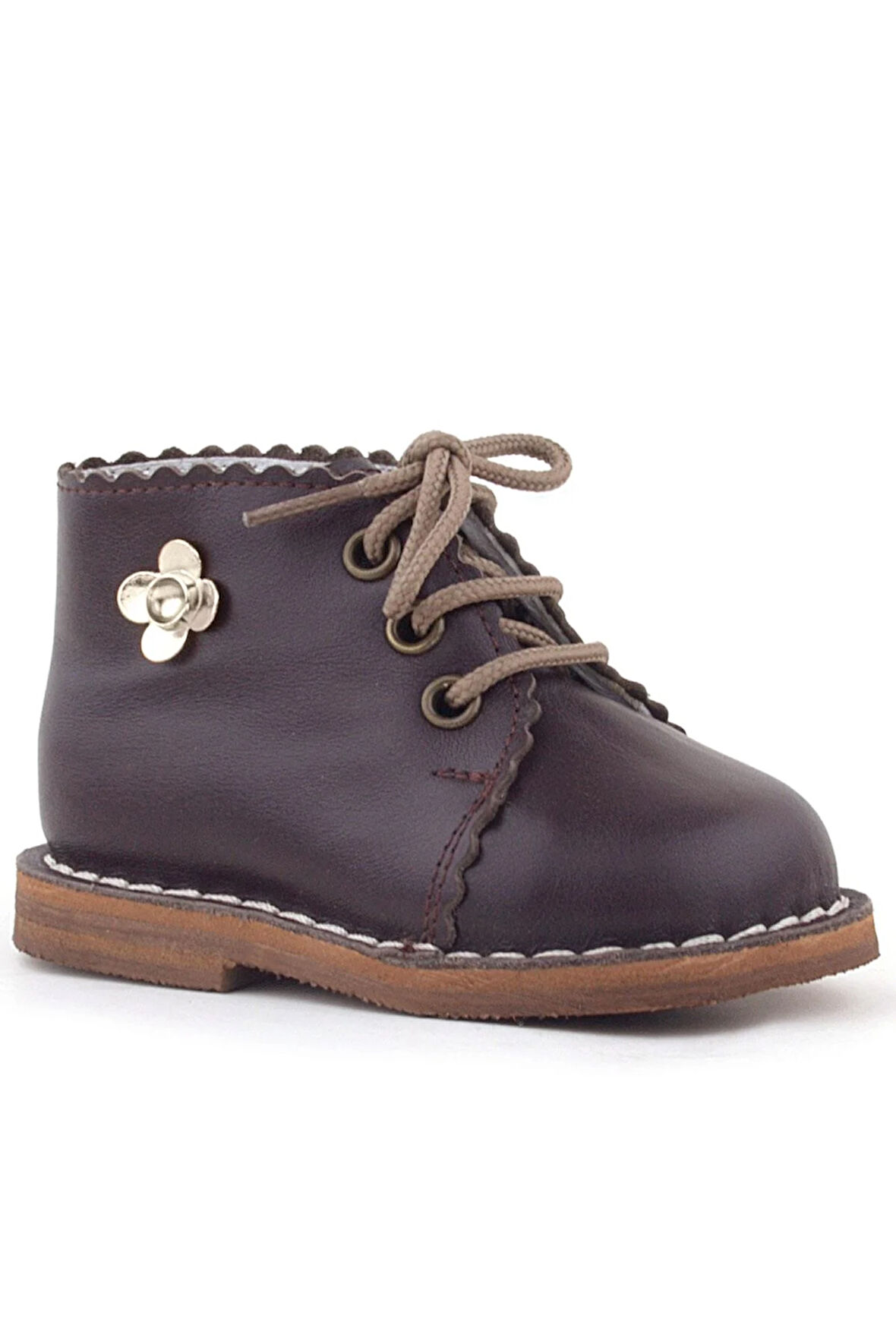 Rakerplus Handmade Hakiki Deri Kahverengi Çiçek Detaylı Bağcıklı Bebek Bot