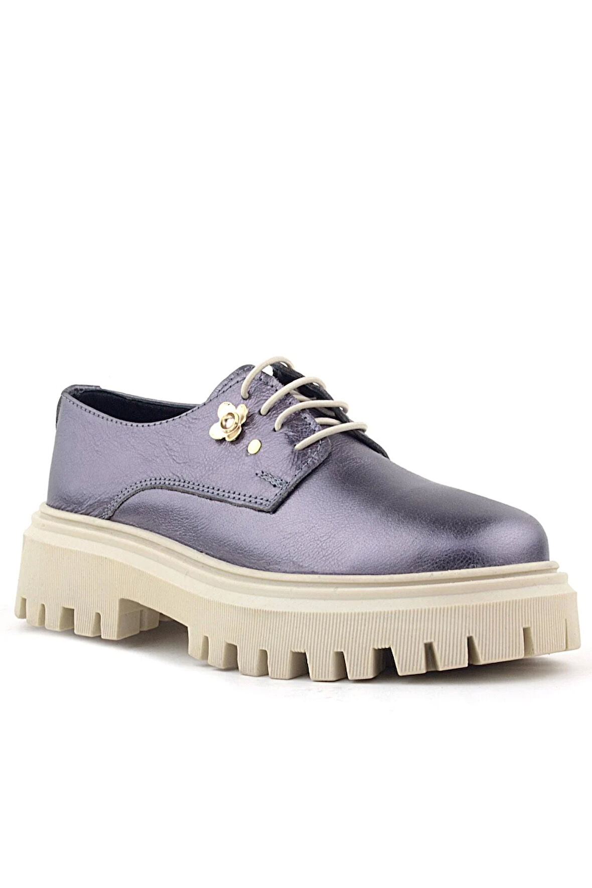 Rakerplus Platin Hakiki Deri Çiçek Detaylı Bağcıklı Oxford Günlük Ayakkabı