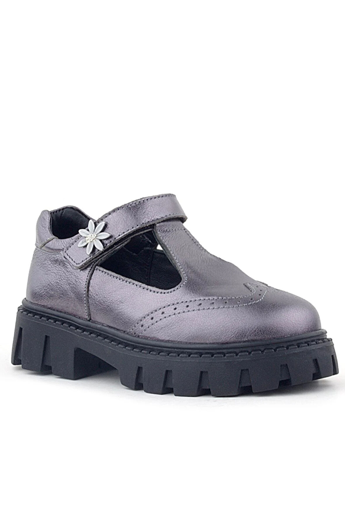 Rakerplus Hakiki Deri Platin Çiçek Detaylı Cırtlı Kız Çocuk Okul Ayakkabı