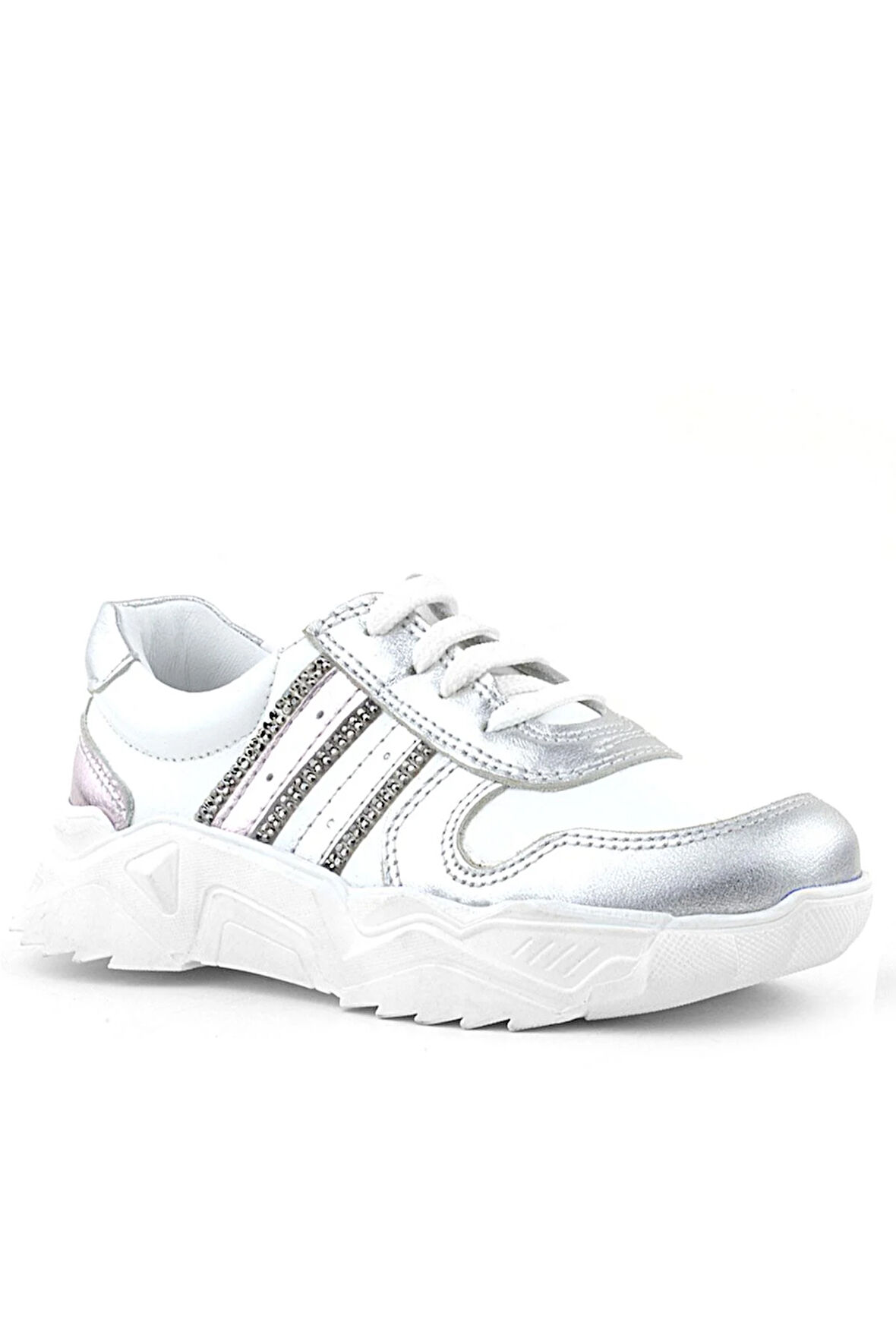 Rakerplus Hakiki Deri Gümüş Pembe Parlak Taşlı Kız Çocuk Sneakers Ayakkabı