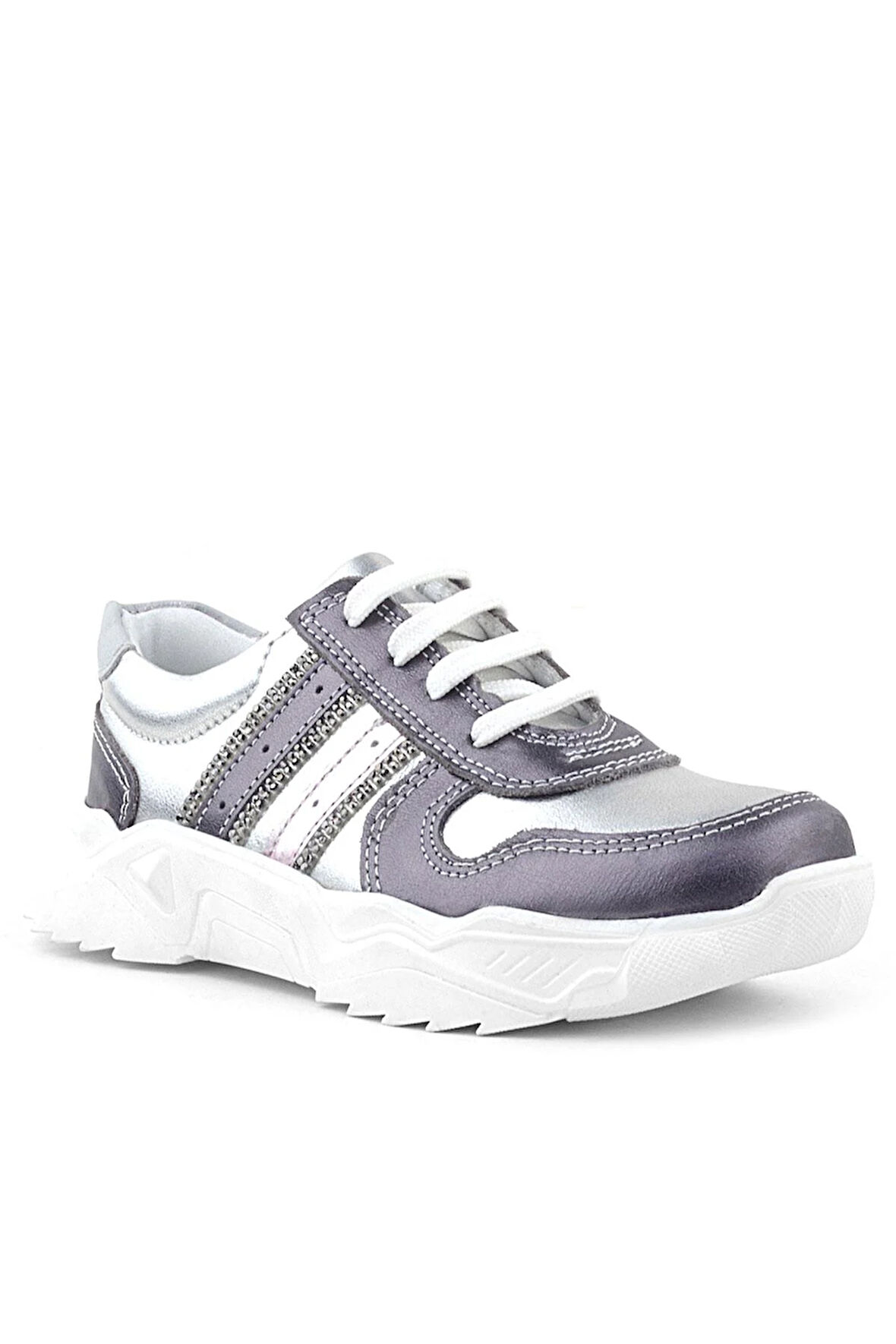 Rakerplus Hakiki Deri Platin Pembe Parlak Taşlı Kız Çocuk Sneakers Ayakkabı