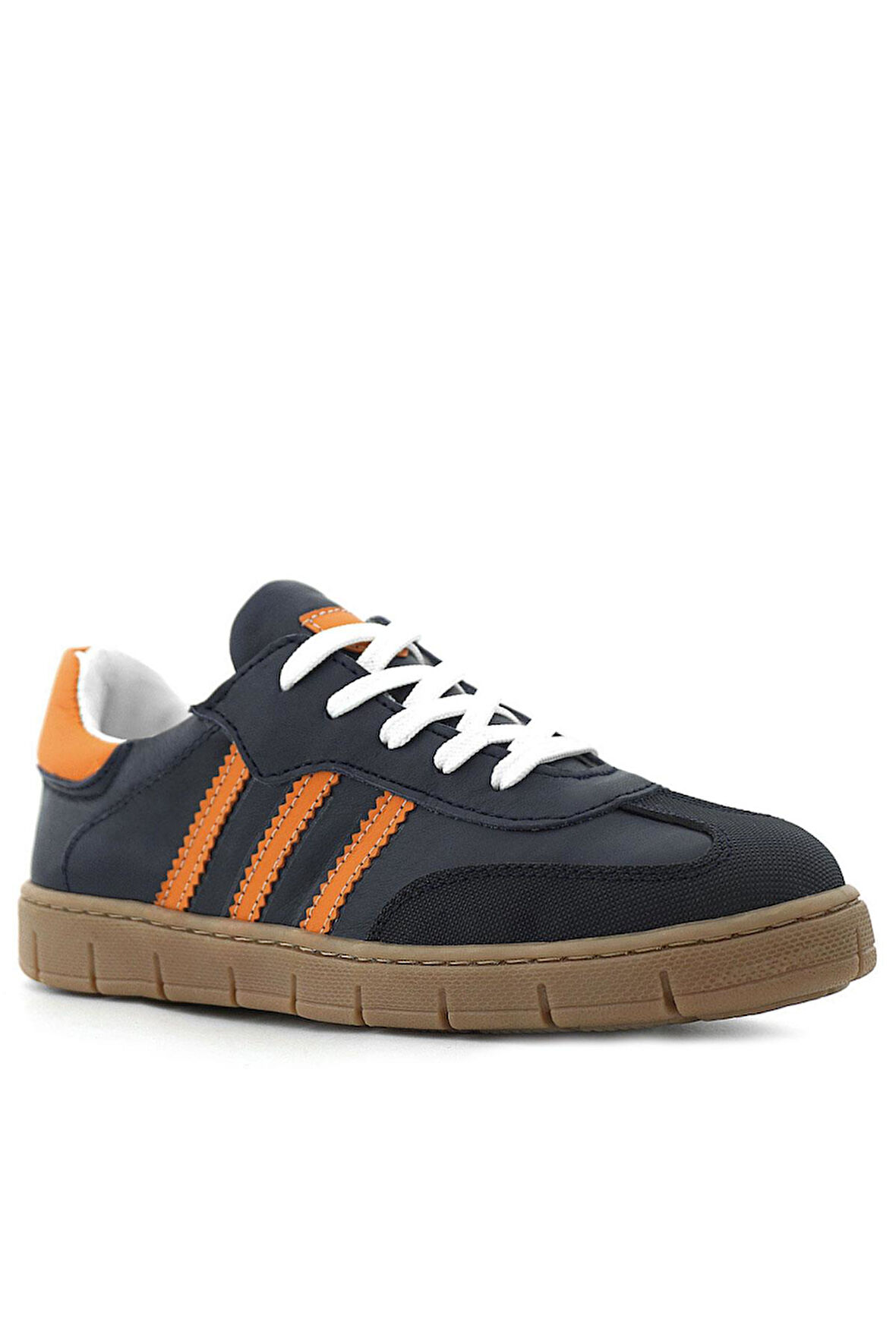 Hakiki Deri Lacivert Turuncu Bağcıklı Fermuarlı Çocuk Sneakers Ayakkabı