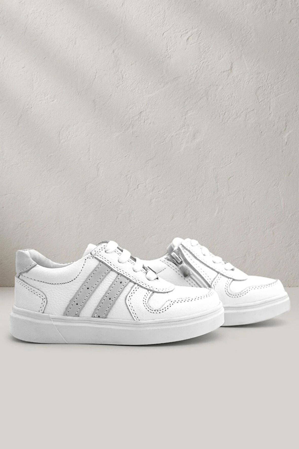 Rakerplus Hakiki Deri Beyaz Bağcıklı Fermuarlı Çocuk Sneaker Ayakkabı