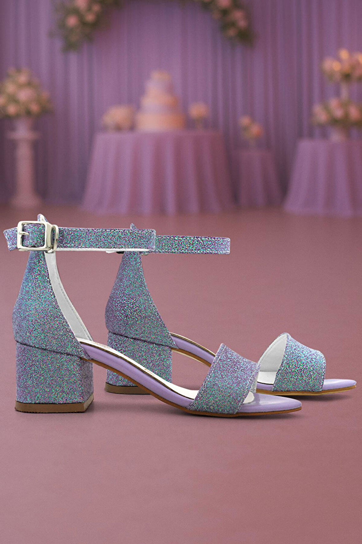 Lilo Simli Mor Tek Bantlı Kız Çocuk Topuklu Abiye Ayakkabı